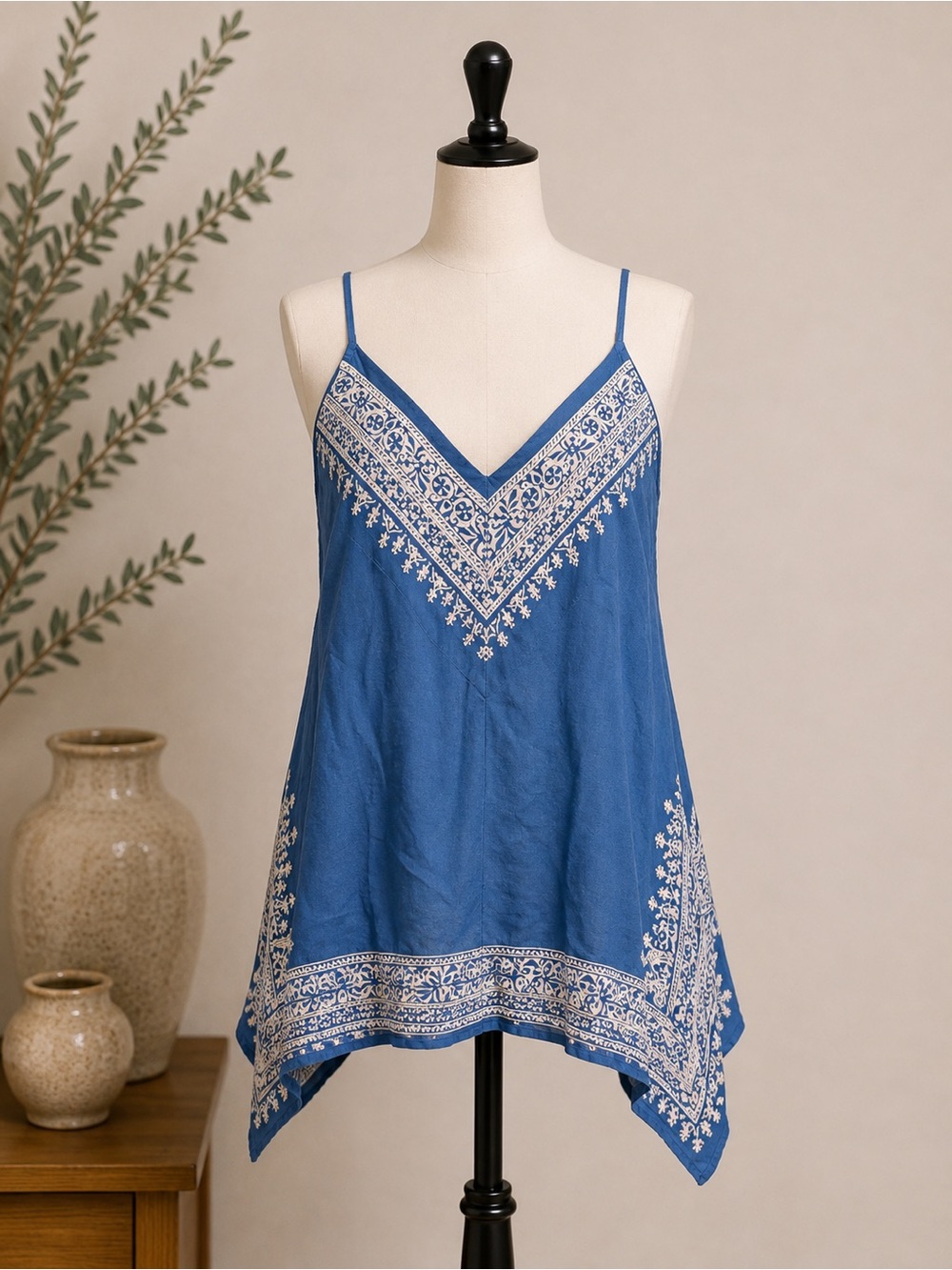 HD in Paris Blue Embroidered V-Neck Handkerchief Hem Camisole